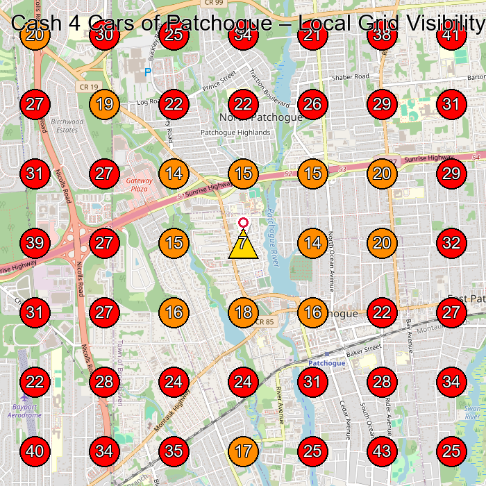 Cash 4 Cars of Patchogue GeoGrid visibility map for Used Car Dealer in Bohemia